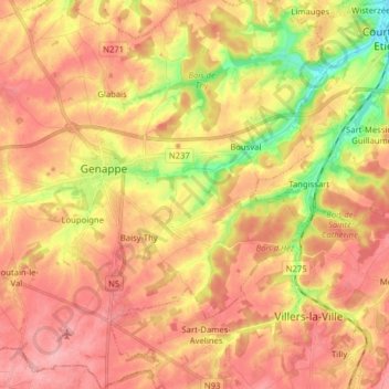 Topografische kaart Baisy-Thy, hoogte, reliëf
