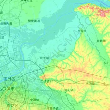 Topografische kaart 道外区, hoogte, reliëf