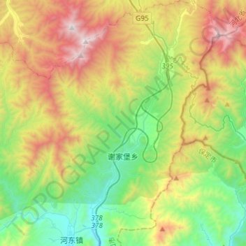 Topografische kaart 谢家堡乡, hoogte, reliëf