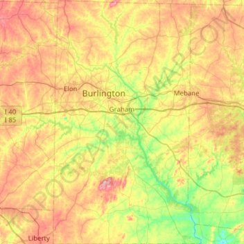 Topografische kaart Alamance County, hoogte, reliëf