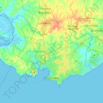Topografische kaart Montevideo, hoogte, reliëf