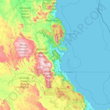 Topografische kaart Douglas Shire, hoogte, reliëf