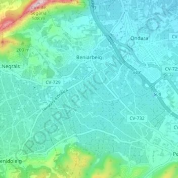 Topografische kaart Beniarbeig, hoogte, reliëf