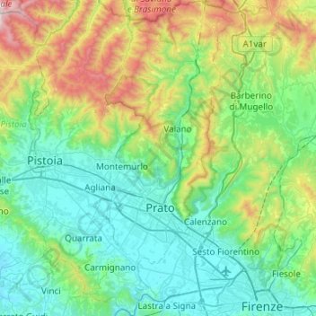 Topografische kaart Prato, hoogte, reliëf