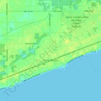 Topografische kaart Long Beach, hoogte, reliëf