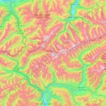 Topografische kaart Zillertal Alps, hoogte, reliëf