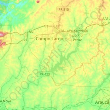 Topografische kaart Rio Verde, hoogte, reliëf