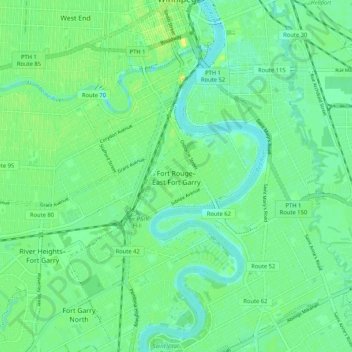 Topografische kaart Fort Rouge–East Fort Garry, hoogte, reliëf