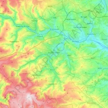 Topografische kaart Kirklees, hoogte, reliëf