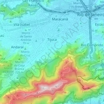 Topografische kaart Tijuca, hoogte, reliëf