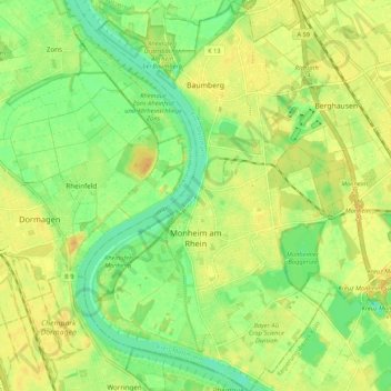 Topografische kaart Monheim am Rhein, hoogte, reliëf