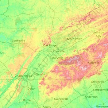Topografische kaart East Tennessee, hoogte, reliëf