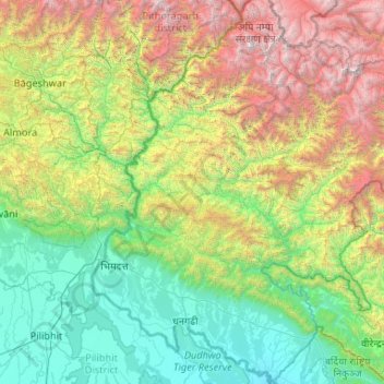 Topografische kaart सुदुर पश्चिमाञ्चल विकास क्षेत्र, hoogte, reliëf
