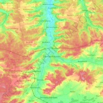 Topografische kaart Zusmarshausen, hoogte, reliëf