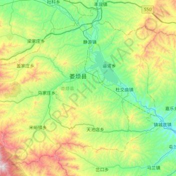 Topografische kaart 娄烦县, hoogte, reliëf