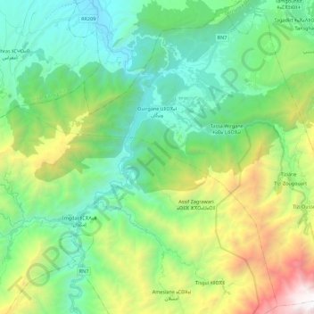 Topografische kaart Ouirgane ⵡⵉⵔⴳⴰⵏ ويركان, hoogte, reliëf