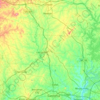 Topografische kaart Lincoln County, hoogte, reliëf