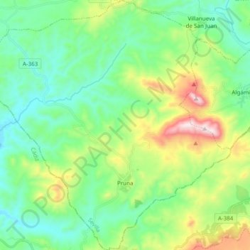 Topografische kaart Pruna, hoogte, reliëf