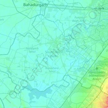 Topografische kaart South West Delhi District, hoogte, reliëf