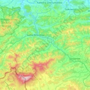 Topografische kaart powiat suski, hoogte, reliëf