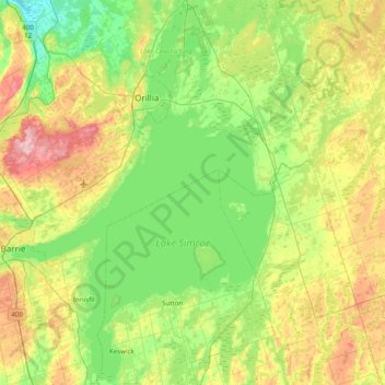 Topografische kaart Lake Simcoe, hoogte, reliëf