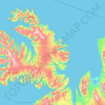 Topografische kaart Vestfirðir, hoogte, reliëf