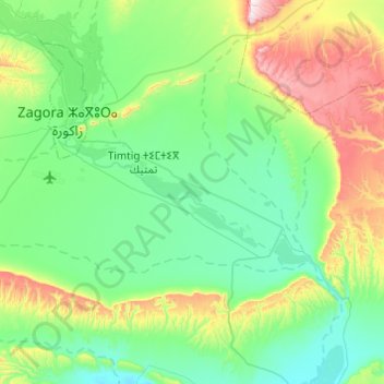 Topografische kaart Tamegroute ⵜⴰⵎⴳⵔⵓⵜ تامكروت, hoogte, reliëf