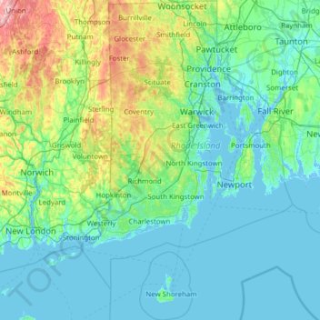 Topografische kaart Rhode Island, hoogte, reliëf