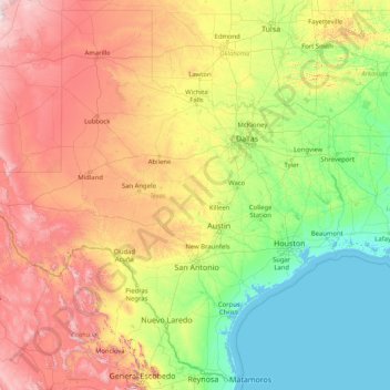 Topografische kaart Texas, hoogte, reliëf