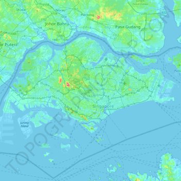 Topografische kaart Singapore, hoogte, reliëf