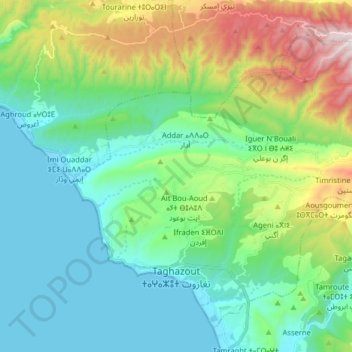 Topografische kaart Taghazout ⵜⴰⵖⴰⵣⵓⵜ تغازوت, hoogte, reliëf