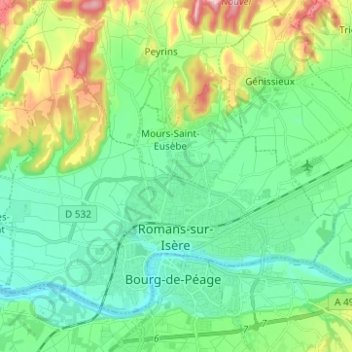 Topografische kaart Romans-sur-Isère, hoogte, reliëf