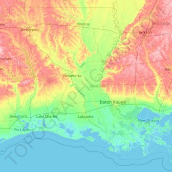 Topografische kaart Louisiana, hoogte, reliëf