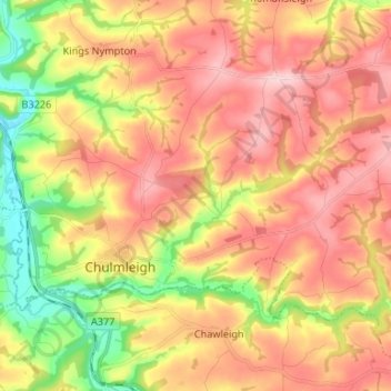 Topografische kaart Chulmleigh, hoogte, reliëf