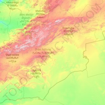 Topografische kaart Drâa-Tafilalet ⴷⴰⵔⵄⴰ-ⵜⴰⴼⵉⵍⴰⵍⵜ درعة تافيلالت, hoogte, reliëf