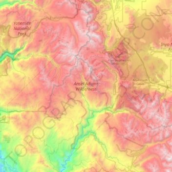 Topografische kaart Ansel Adams Wilderness, hoogte, reliëf