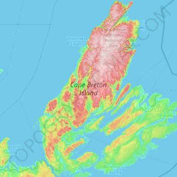 Topografische kaart Cape Bretoneiland, hoogte, reliëf
