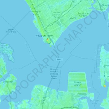 Topografische kaart Hampton Roads, hoogte, reliëf