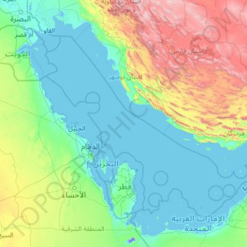 Topografische kaart Perzische Golf, hoogte, reliëf