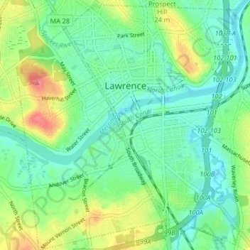Topografische kaart Lawrence, hoogte, reliëf