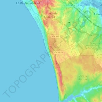 Topografische kaart Paisagem Protegida da Arriba Fóssil da Costa da Caparica, hoogte, reliëf