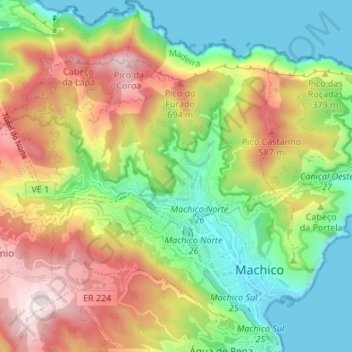 Topografische kaart Machico, hoogte, reliëf