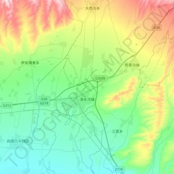 Topografische kaart 清水河镇, hoogte, reliëf