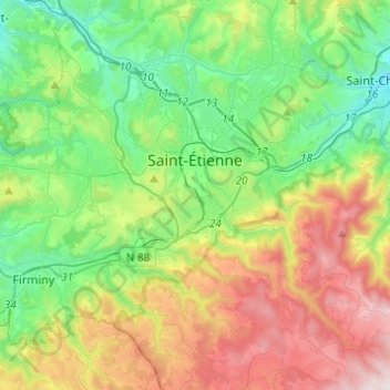 Topografische kaart Saint-Étienne, hoogte, reliëf
