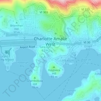 Topografische kaart Charlotte Amalie West, hoogte, reliëf