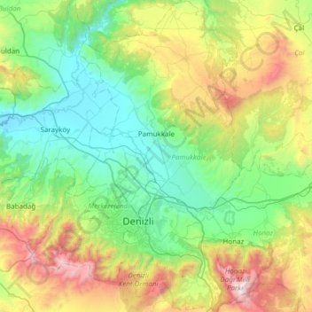 Topografische kaart Pamukkale, hoogte, reliëf