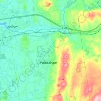 Topografische kaart Wilbraham, hoogte, reliëf