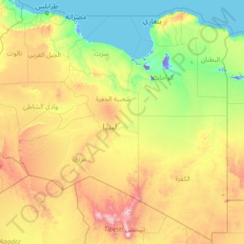 Topografische kaart Libië, hoogte, reliëf