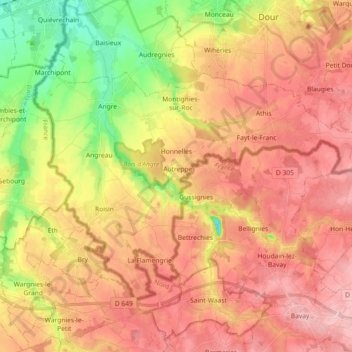 Topografische kaart Honnelles, hoogte, reliëf