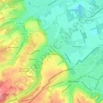 Topografische kaart Hégenheim, hoogte, reliëf